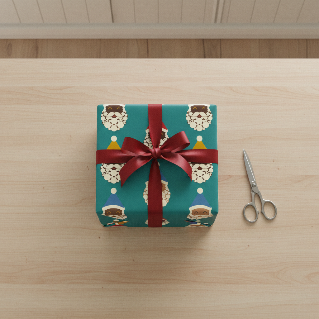 Black Santa Crew wrapping paper, Teal, flat lay