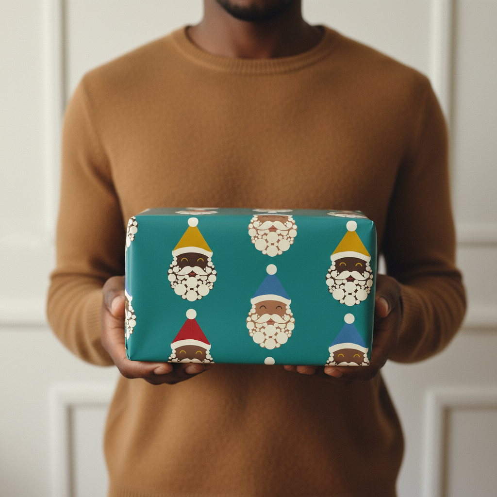 Black Santa Crew wrapping paper, Teal, wrapped gift