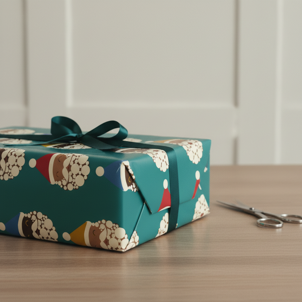 Black Santa Crew wrapping paper, Teal, close-up