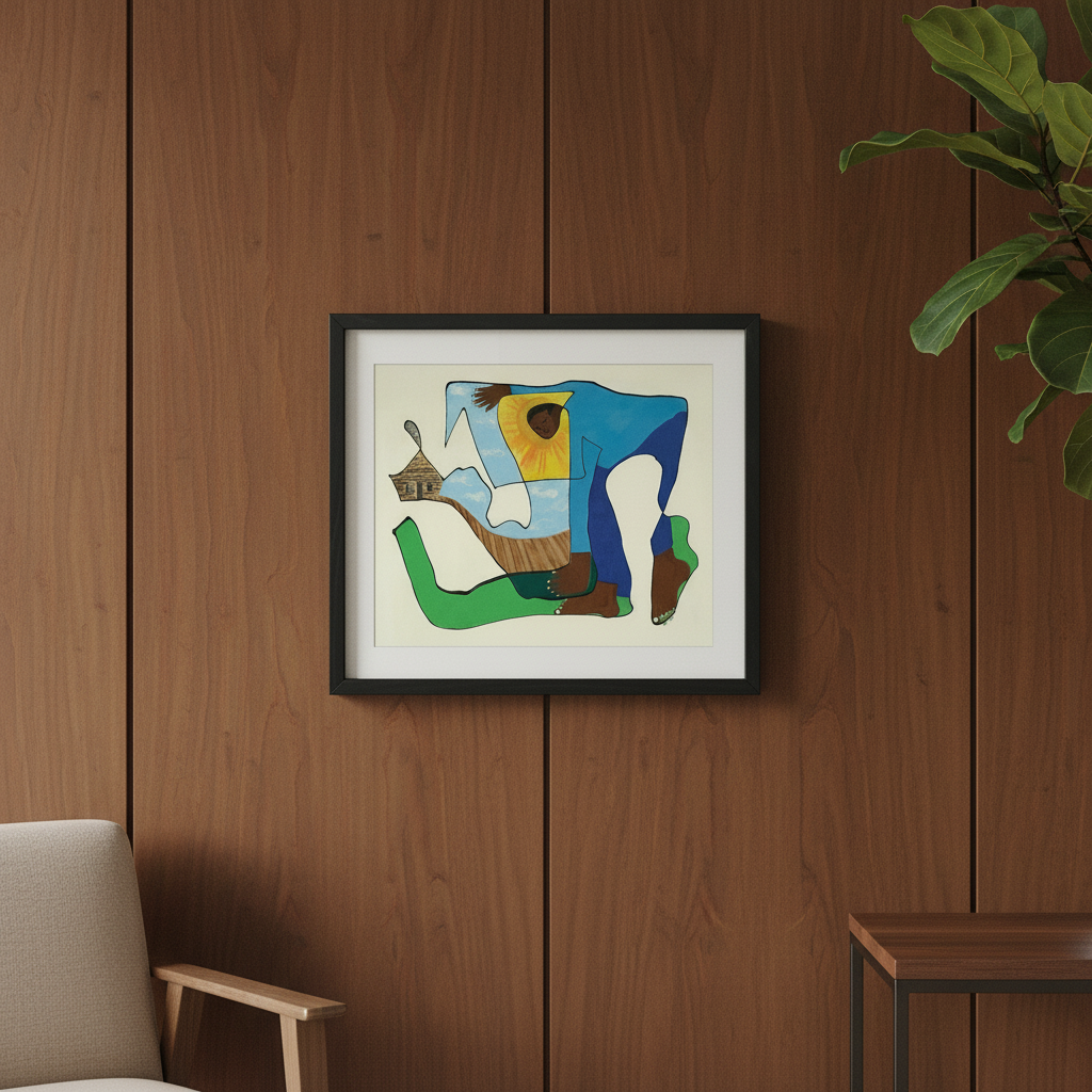 Sharecropper continuous line print in black frame on a brownstone wall, close-up — Black history heritage art