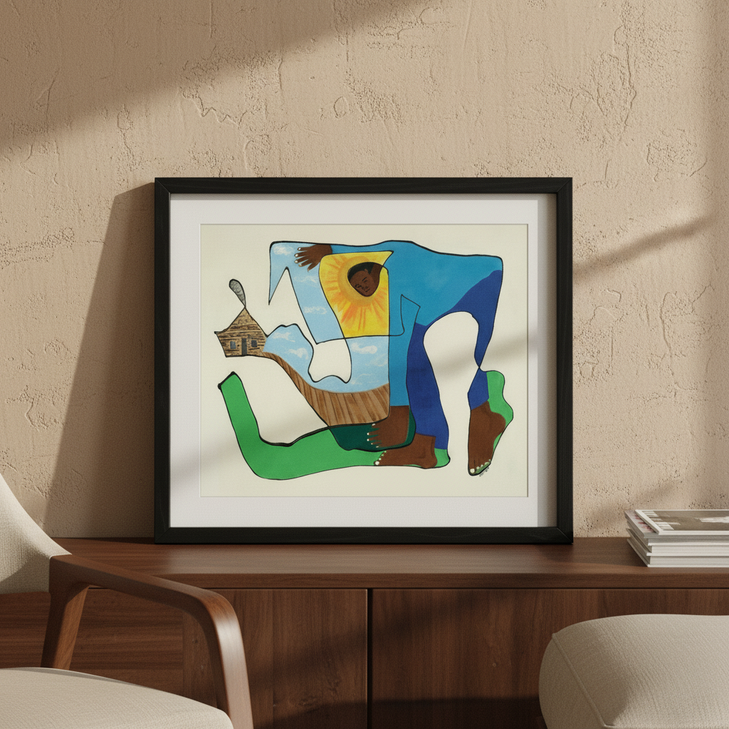 Sharecropper continuous line print in black frame above a credenza, close-up — Black history heritage art