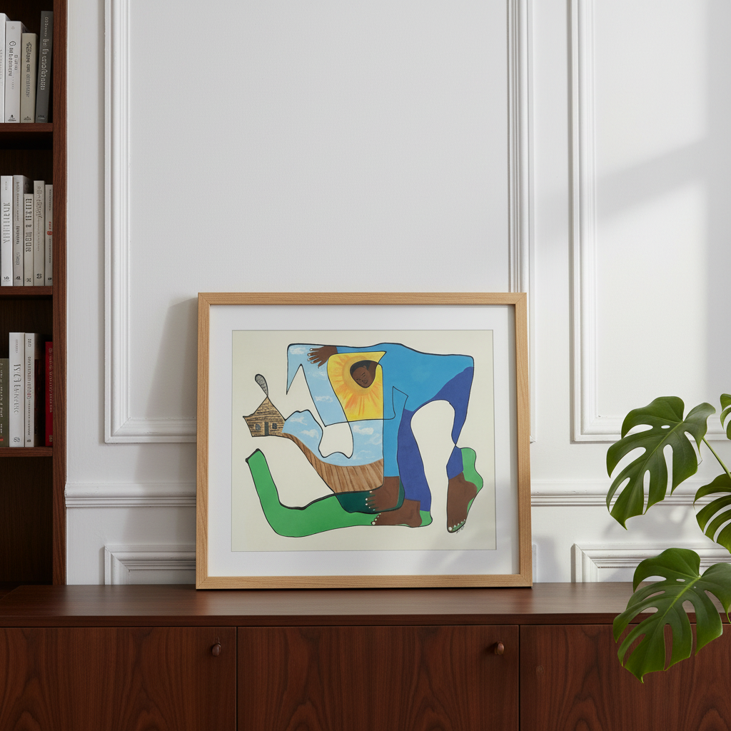 Sharecropper continuous line print above a credenza, extreme close-up detail — Black history heritage art