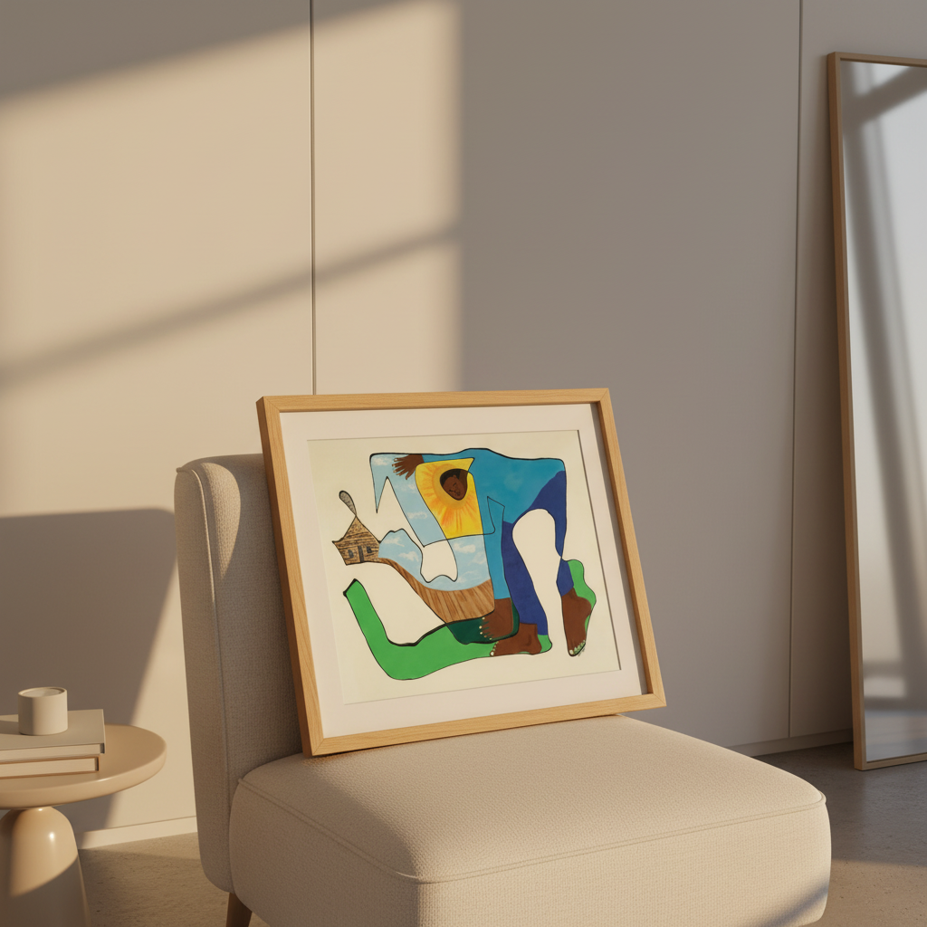 Sharecropper continuous line print in oak frame leaning beside a chair, shown to scale — Black history heritage art