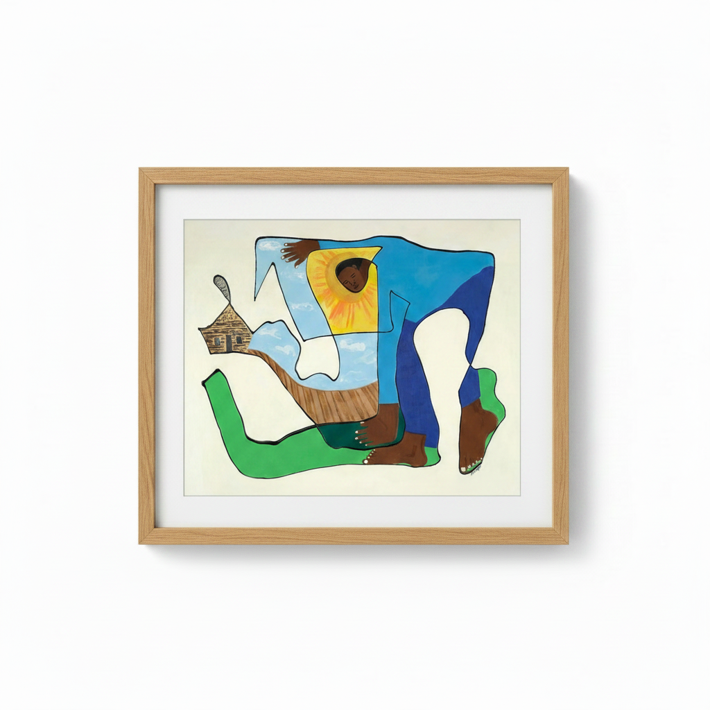 Sharecropper continuous line print in oak frame — Black history heritage art