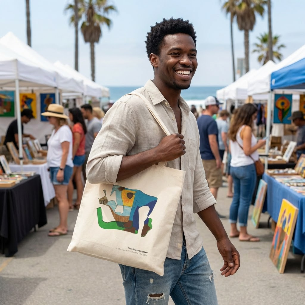 Sharecropper Black History tote bag back view showing resilience art and canvas construction