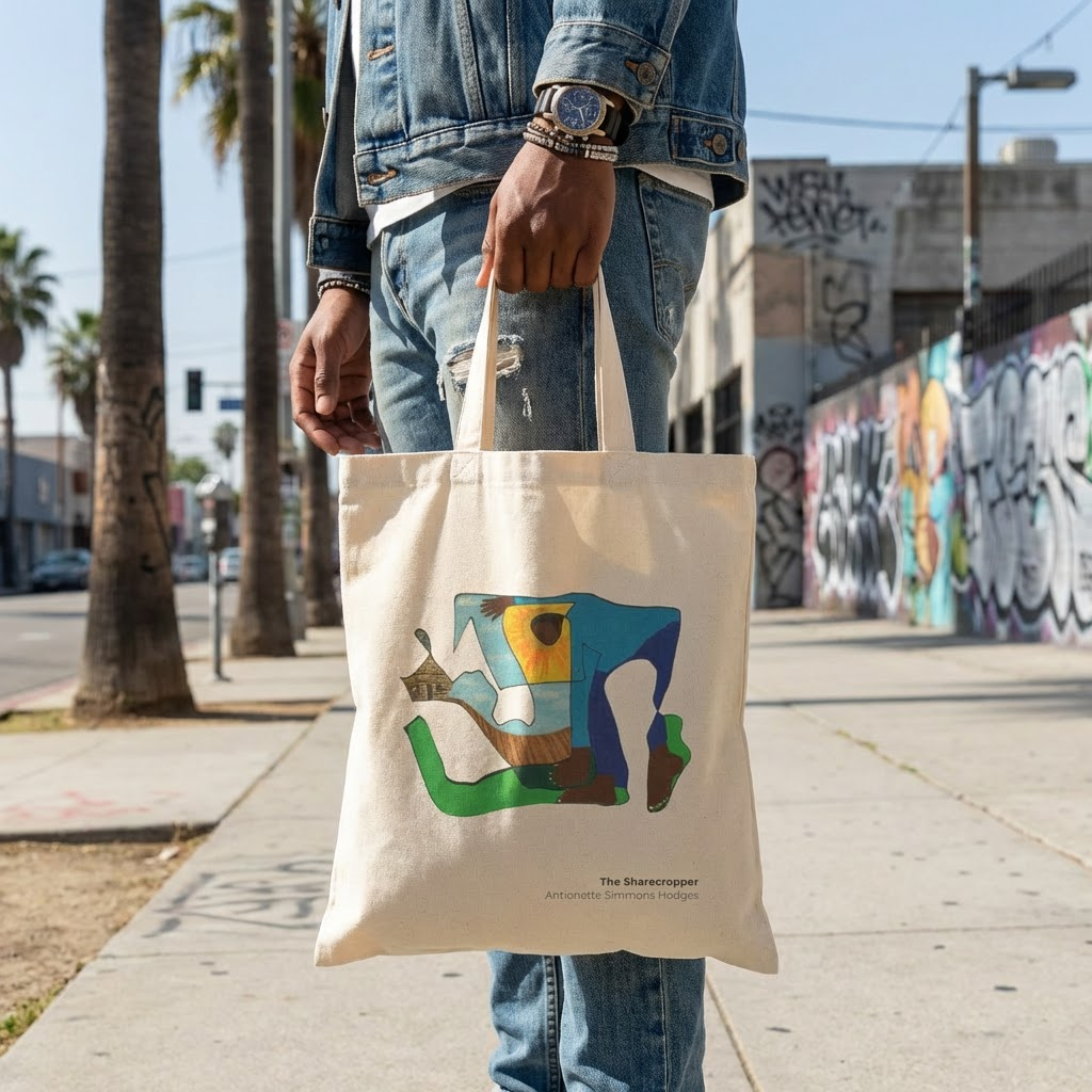 Close-up of Sharecropper tote bag art detail — African American heritage design by Black artist