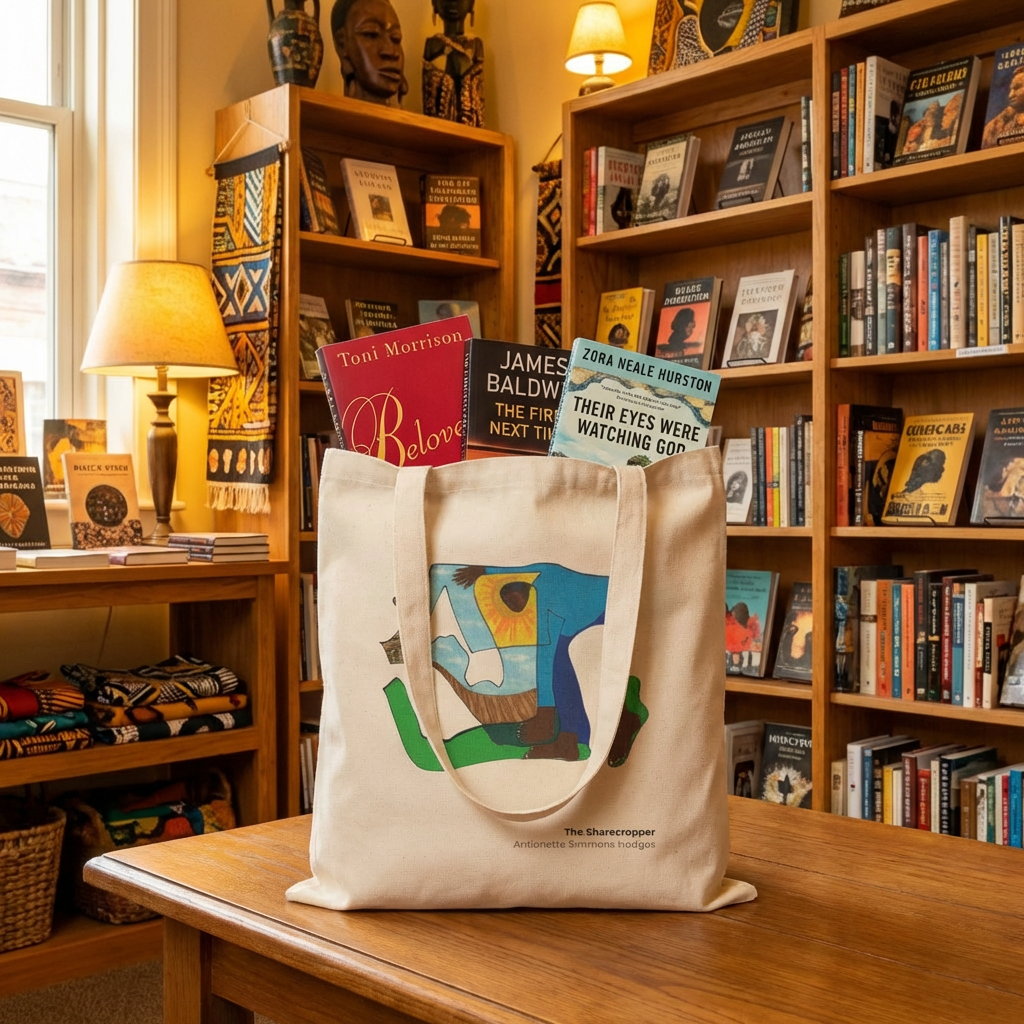 Sharecropper Black History Art Tote Bag front view — African American heritage design on cotton canvas