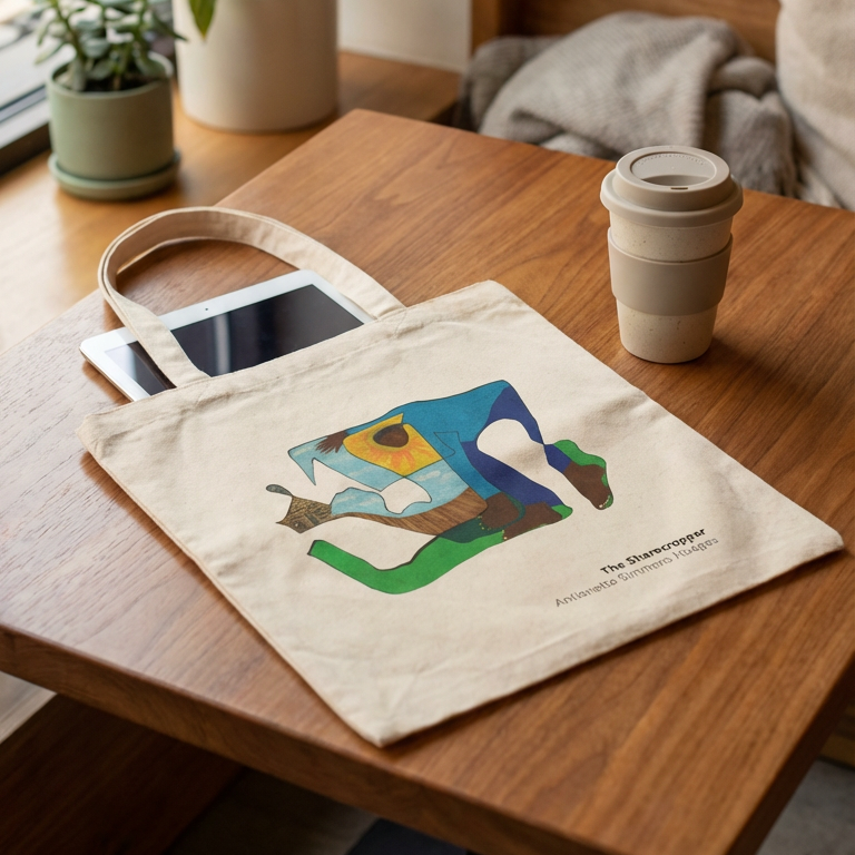 Model carrying Sharecropper Black History Art Tote Bag — wearable African American heritage art