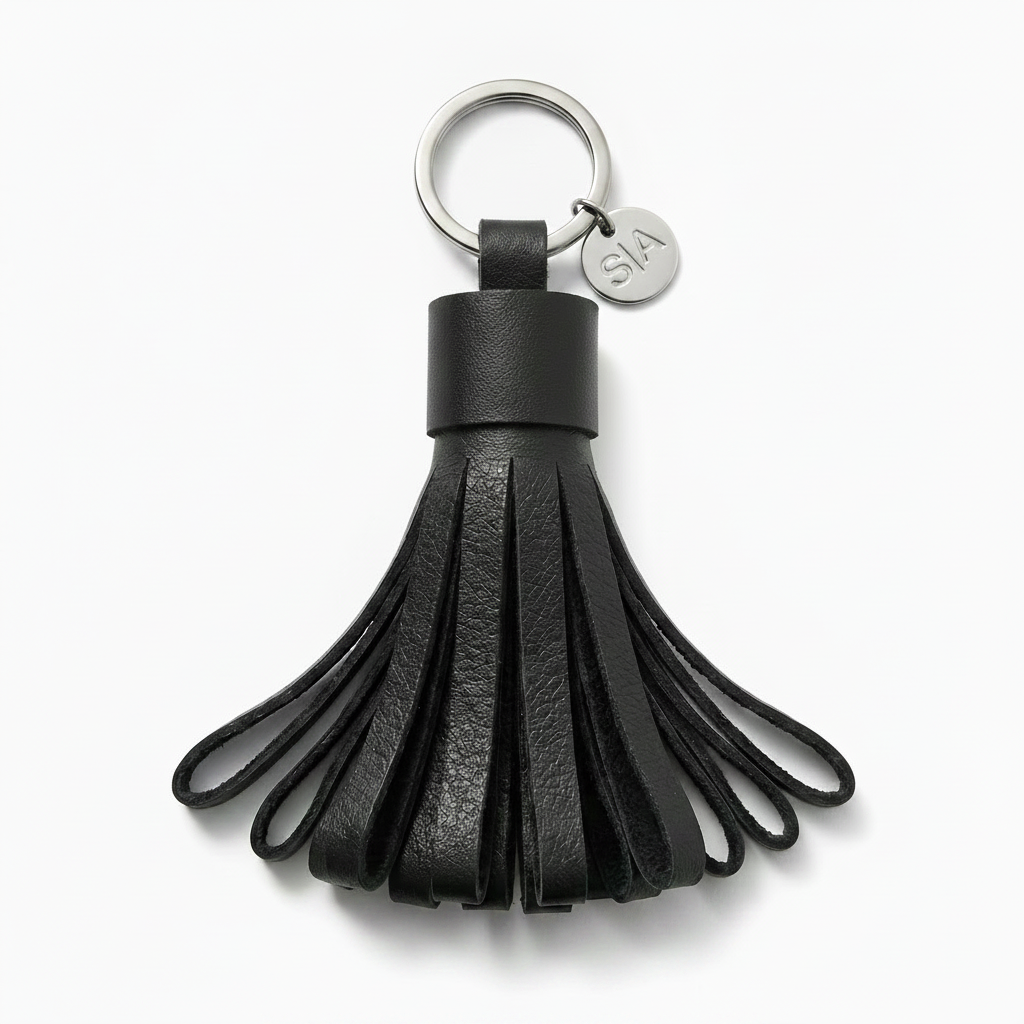 Small black leather tassel keychain with silver hardware and nickel split key ring