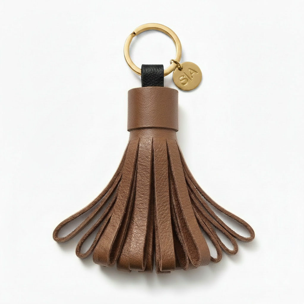 Small brown leather tassel keychain with brass charm and brass key ring
