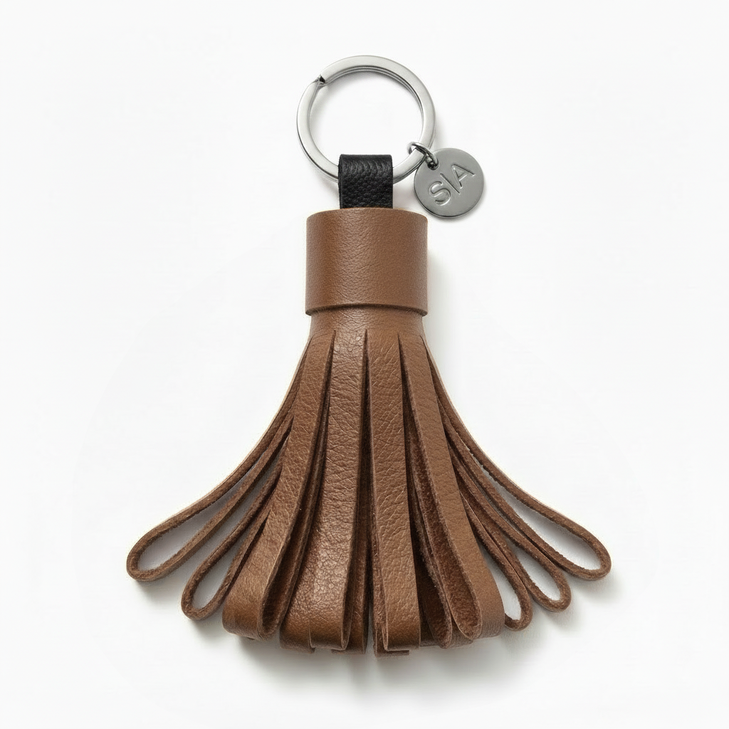 Small brown leather tassel keychain with nickel charm and nickel key ring