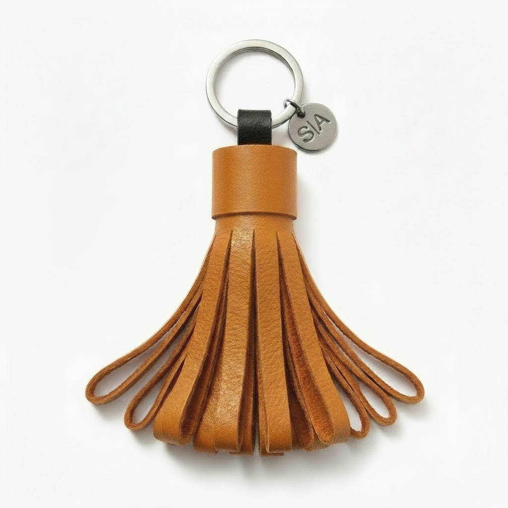 Small orange leather tassel keychain with nickel charm and 26mm nickel key ring