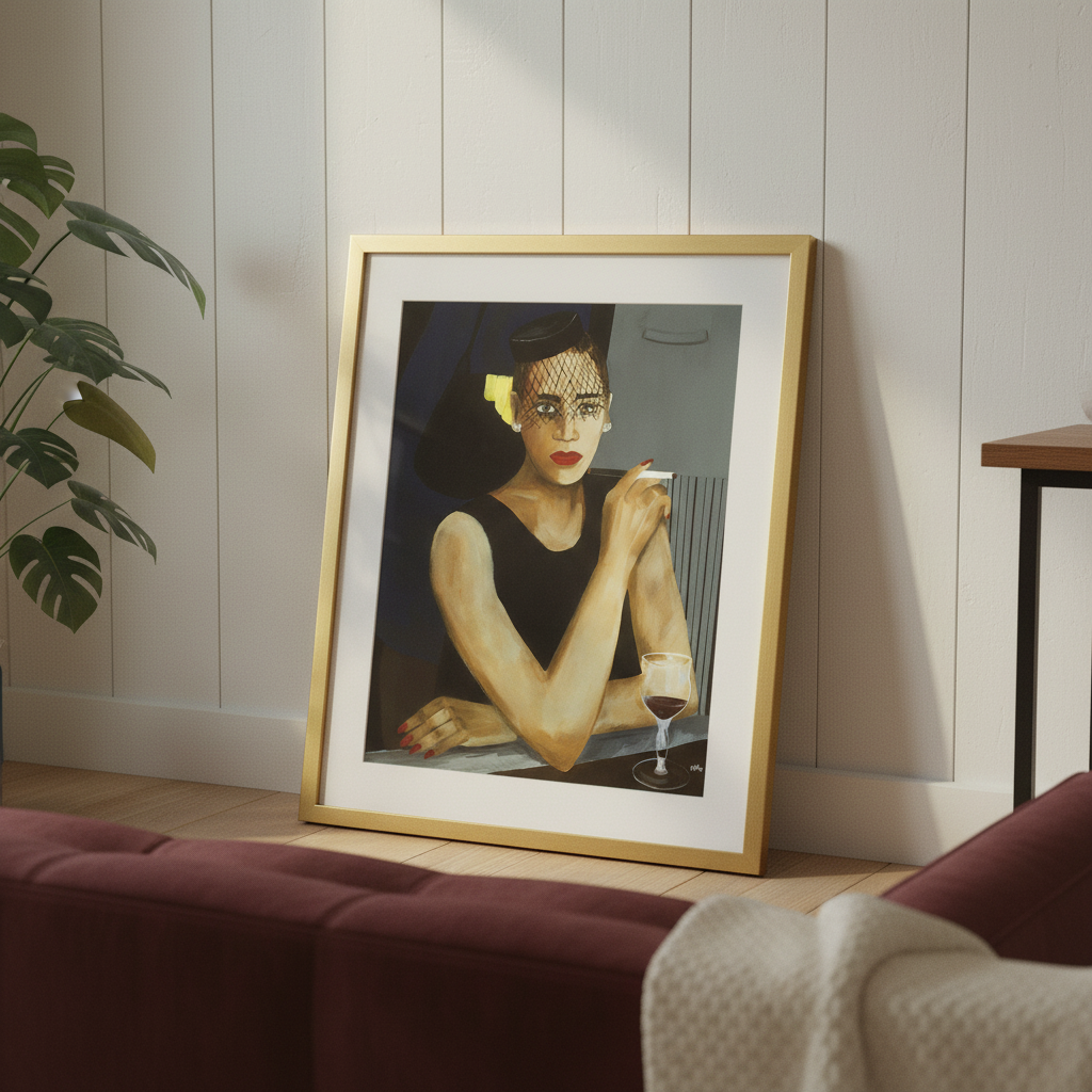Sophisticated Lady framed giclee print, lifestyle view — Black jazz woman art by Antionette Simmons Hodges