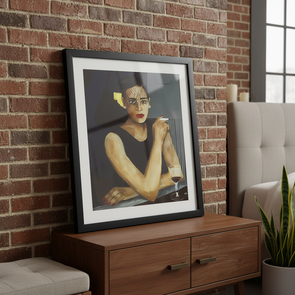 Sophisticated Lady framed giclee print, lifestyle view — Black jazz woman art by Antionette Simmons Hodges