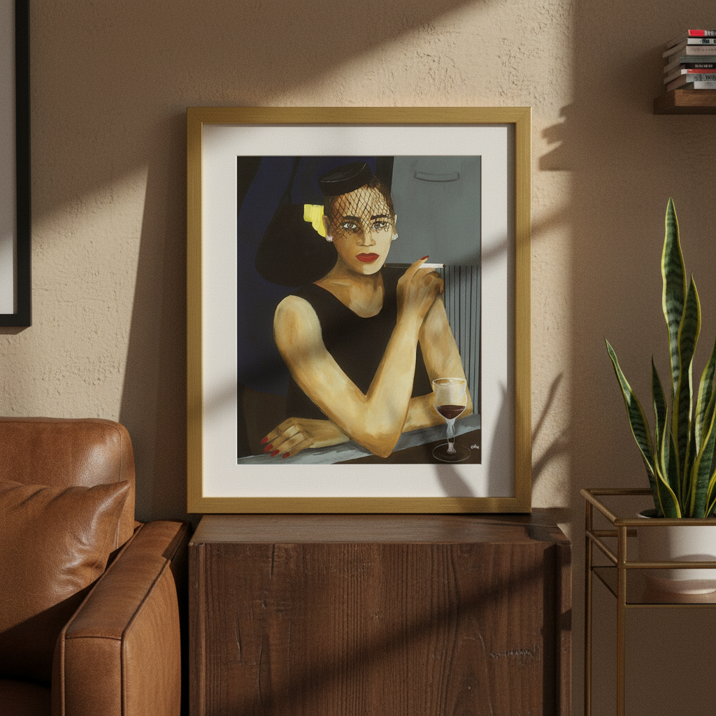 Sophisticated Lady framed giclee print, lifestyle view — Black jazz woman art by Antionette Simmons Hodges