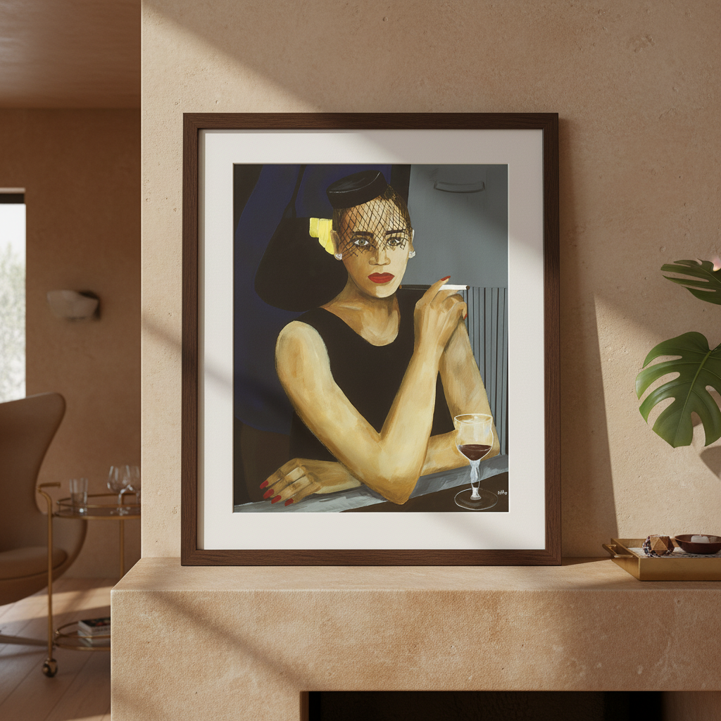 Sophisticated Lady framed giclee print, lifestyle view — Black jazz woman art by Antionette Simmons Hodges