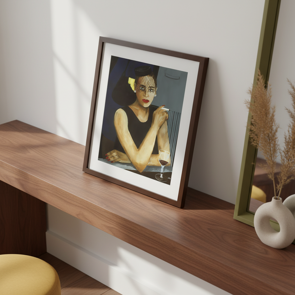 Sophisticated Lady framed giclee print, lifestyle view — Black jazz woman art by Antionette Simmons Hodges