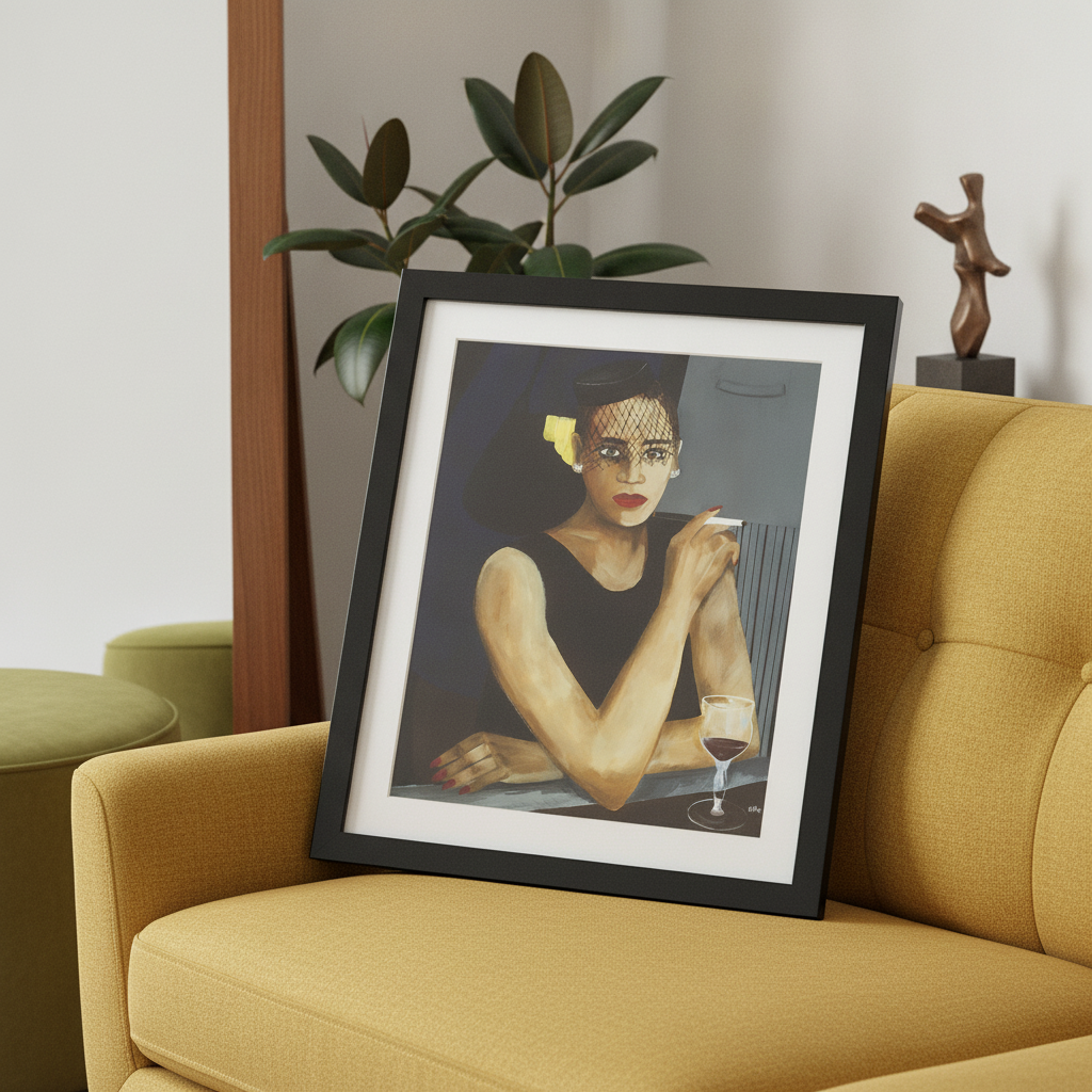 Sophisticated Lady framed giclee print, lifestyle view — Black jazz woman art by Antionette Simmons Hodges