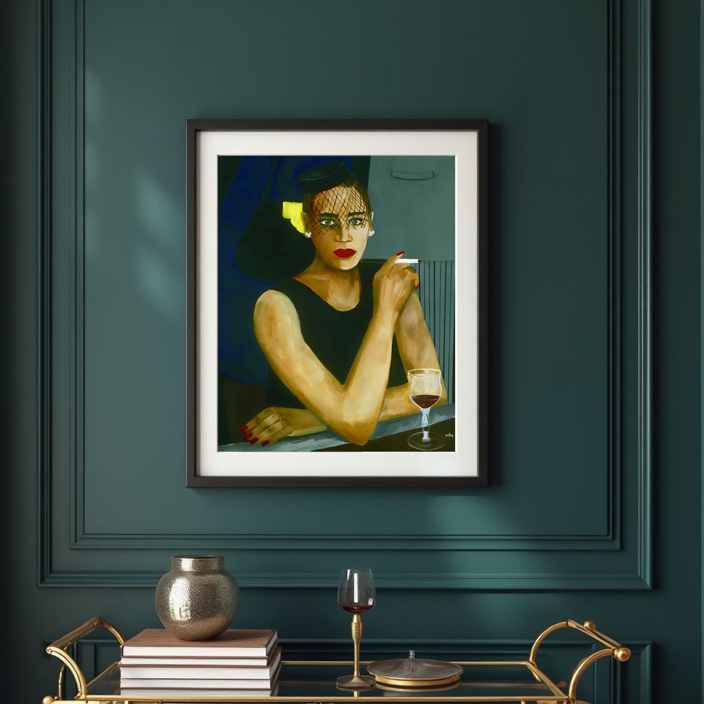 Framed artwork of a african american woman with a glass of wine on a dark green wall.