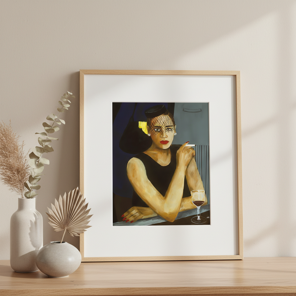 Sophisticated Lady art print displayed on a minimal tabletop — Black jazz woman art