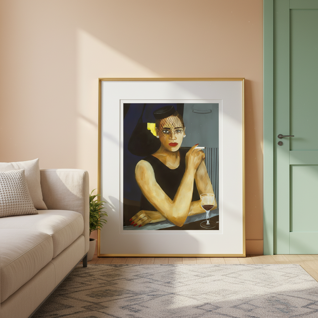 Sophisticated Lady art print in a pastel-toned corner setting — Black jazz woman art