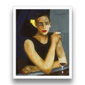 fine art print depiction of a light skinned black woman with a black hat and red lipstick, holding a cigarette with a glass of wine.