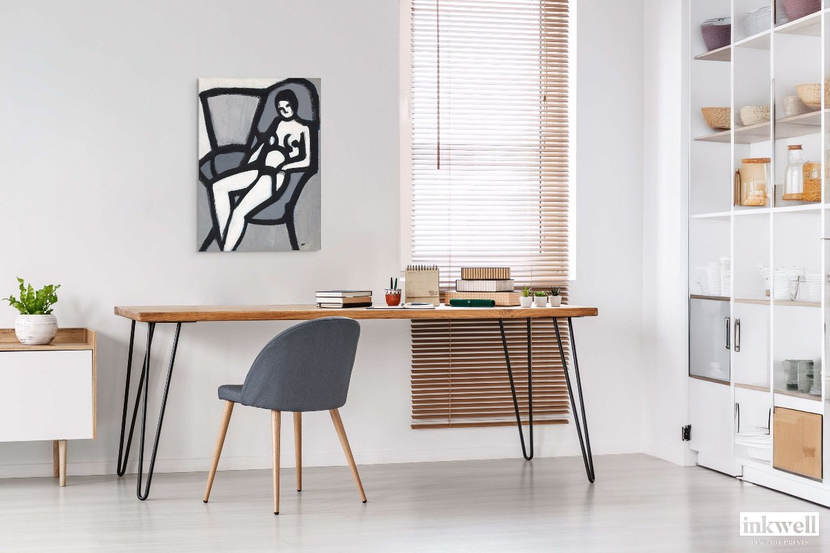 'The Model' stretched canvas art: Abstract depiction of a female figure in a chair, with gestural brushstrokes and a bold black and white design.