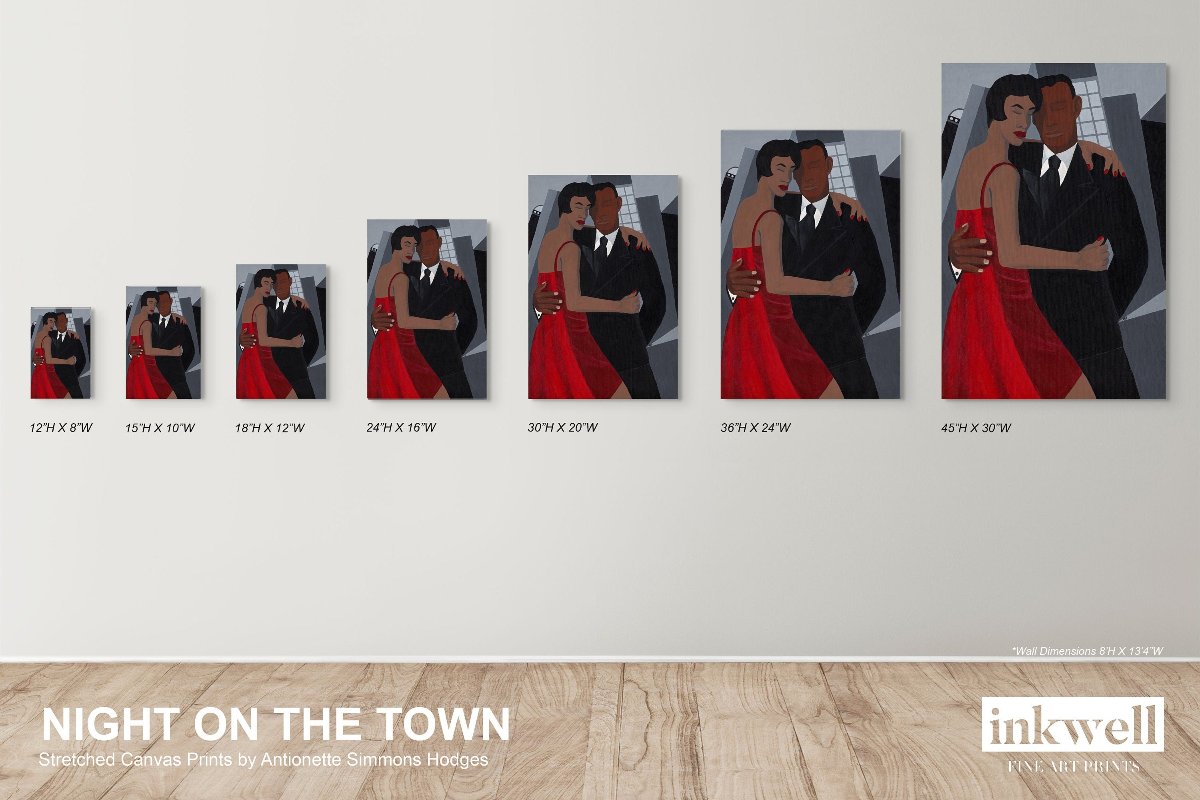 Night on the Town' art print: Elegantly dressed couple, with the woman in a red dress and the man in a black suit, embracing against a stylized urban backdrop with abstract buildings, capturing a romantic and celebratory evening atmosphere, framed in white wood. shown in 7 available print sizes