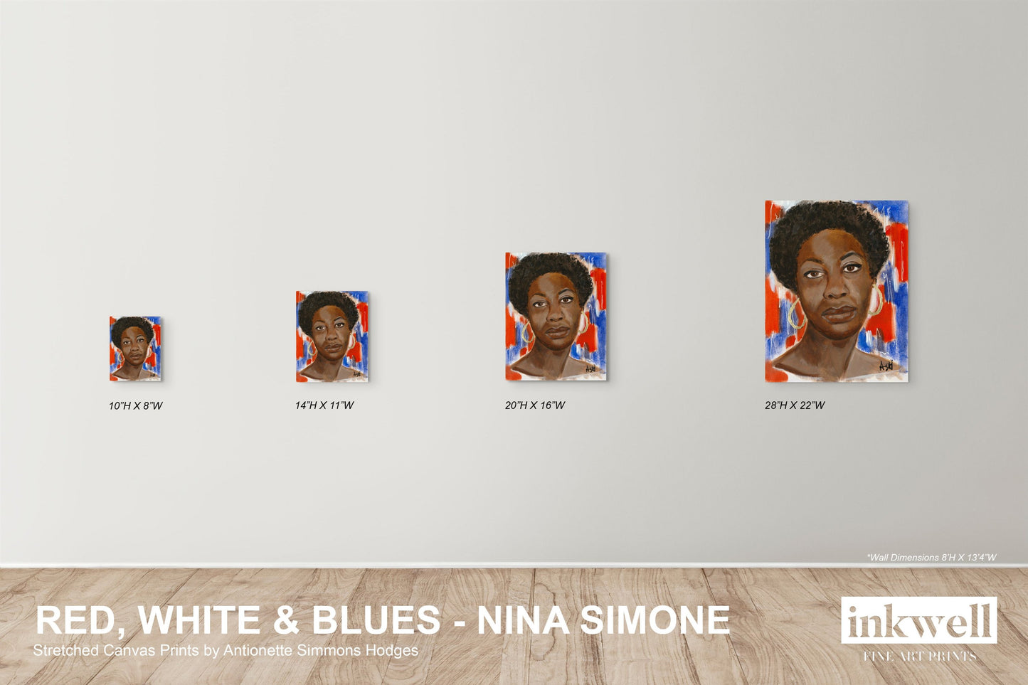 Image showcasing the 'Red, White & Blues - Nina Simone' Stretched Canvas Print in four available sizes. This artwork features vibrant red, white, and blue tones, capturing Nina Simone's profound influence in music and civil rights, with each size offering a unique fit for your space.