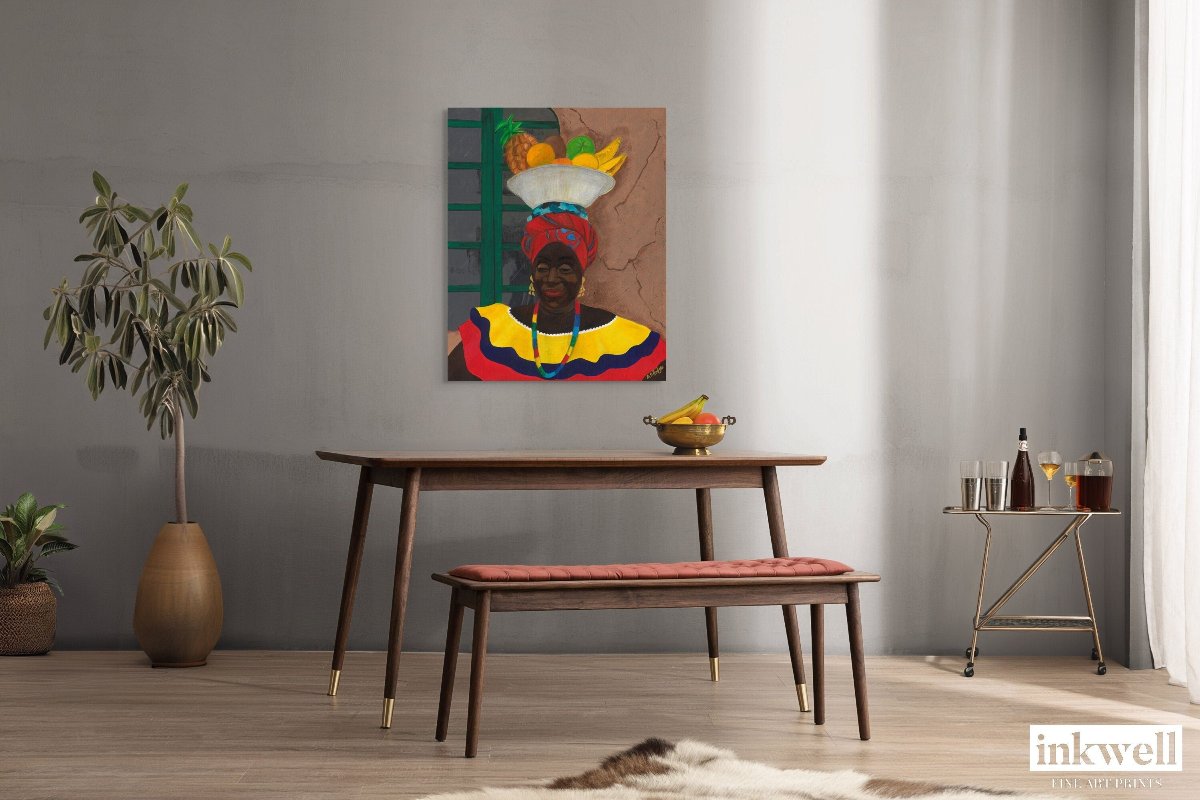 Hey Lady Stretched Canvas Print on a grey wall above a dining table