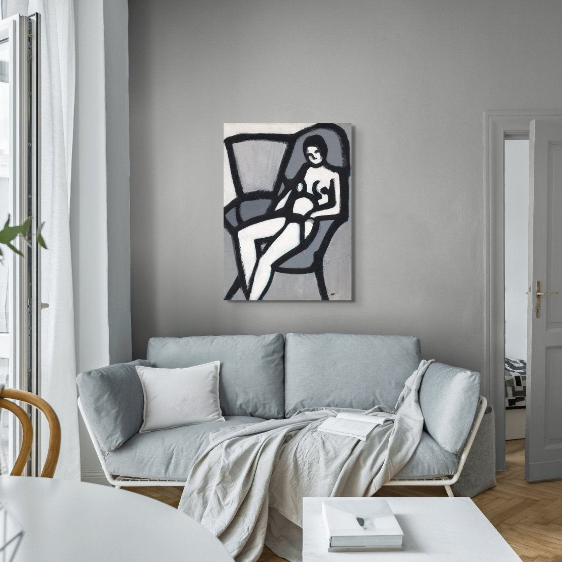 'The Model' stretched canvas print: Black and white semi-abstract painting of an elongated female figure seated in a chair, with dynamic brushstrokes conveying modern expressionism.