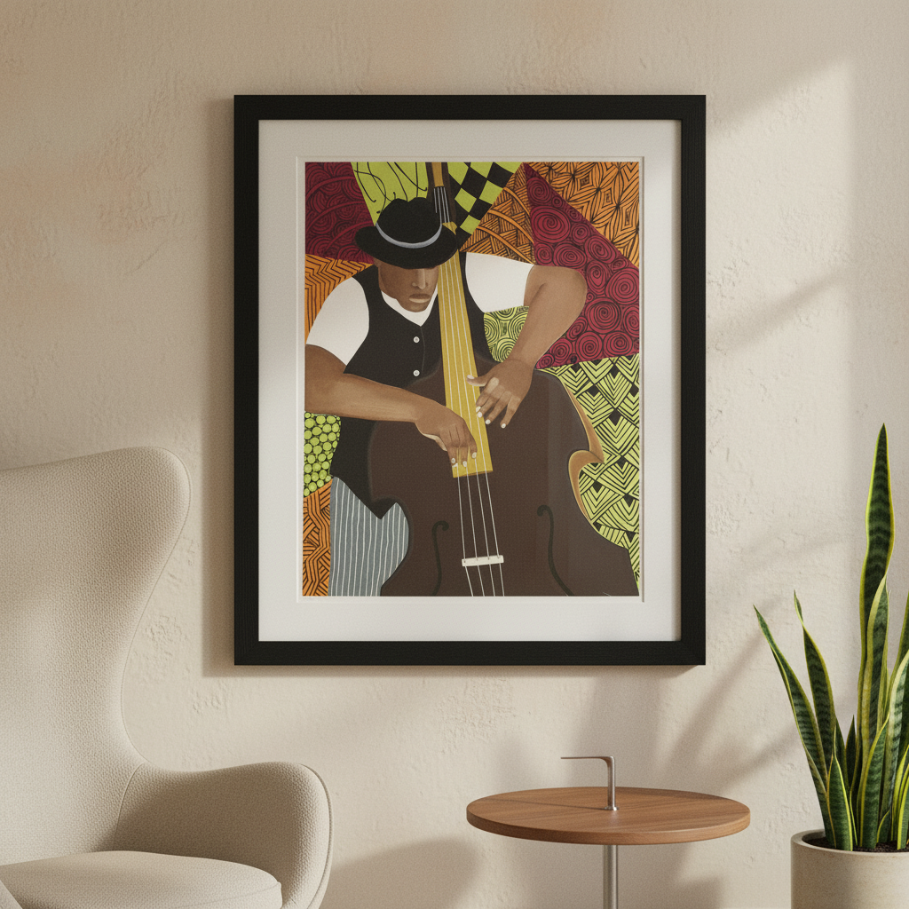 Tangle Bass framed giclee print in black frame, close-up — Black jazz bassist art