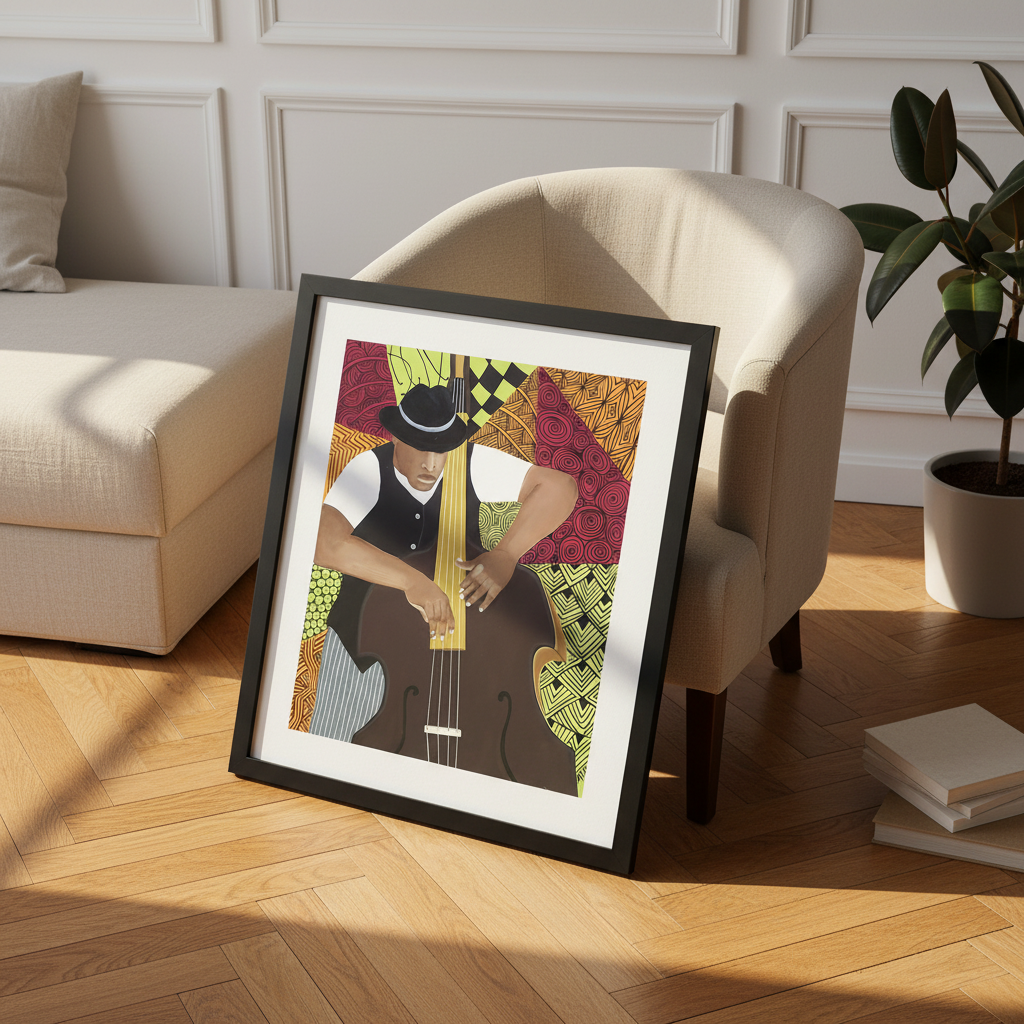 Tangle Bass framed giclee print leaning against a chair, Parisian styling — Black jazz bassist art