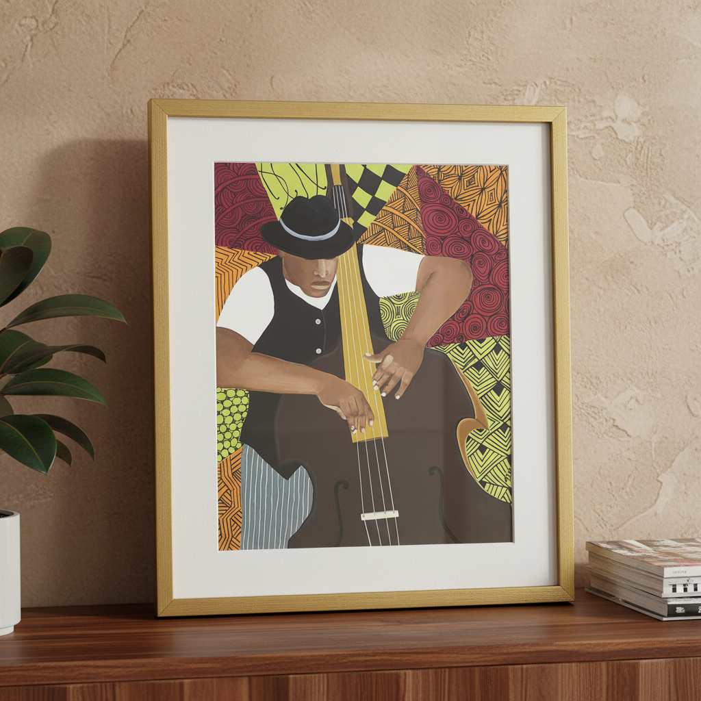Tangle Bass framed giclee print on a credenza, contemporary close-up — Black jazz bassist art