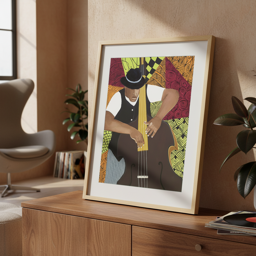 Tangle Bass framed giclee print on a credenza with ottoman, dynamic styling — Black jazz bassist art