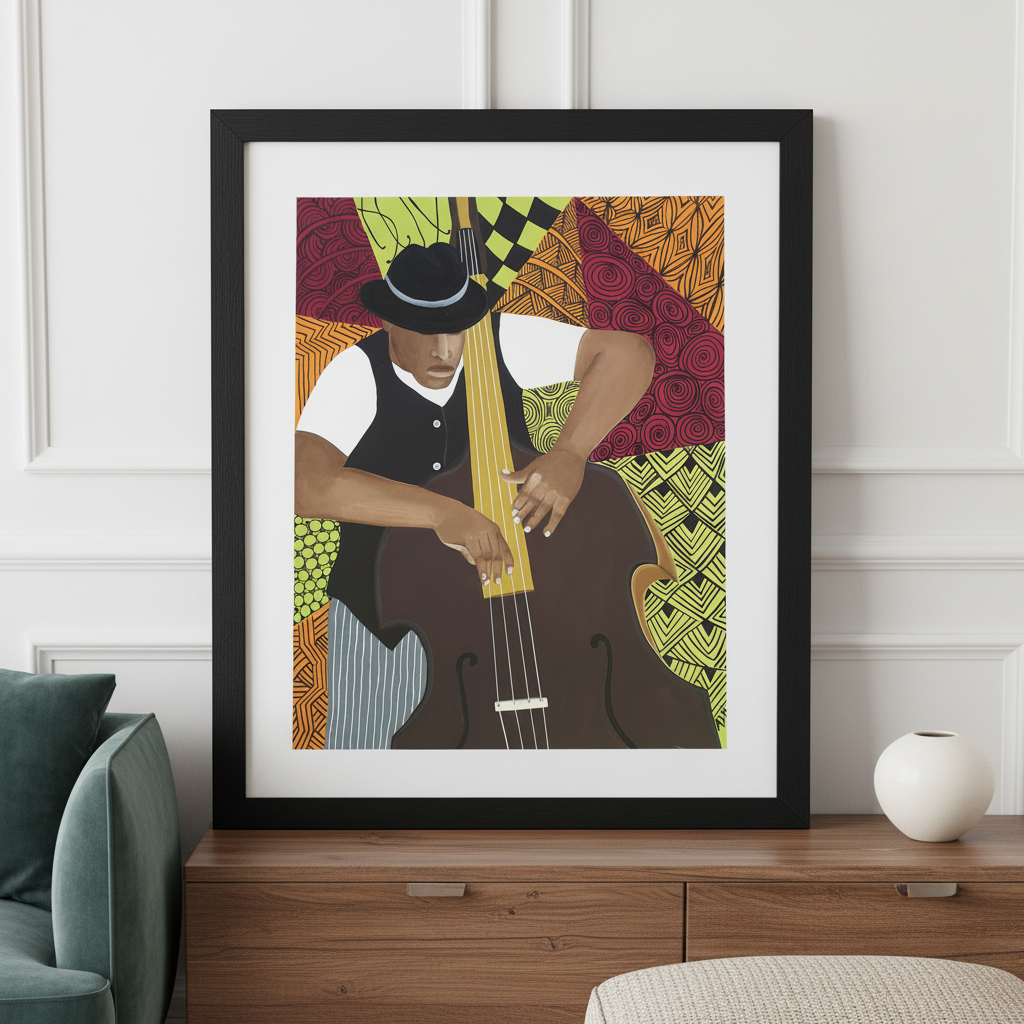 Tangle Bass framed giclee print on a credenza, Parisian overhead shot — Black jazz bassist art