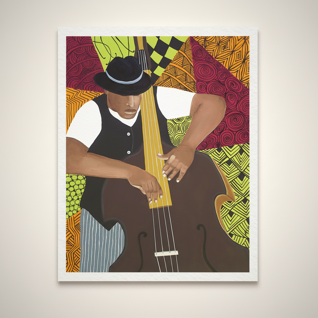 Tangle Bass framed giclee print — full artwork, Black musician jazz art