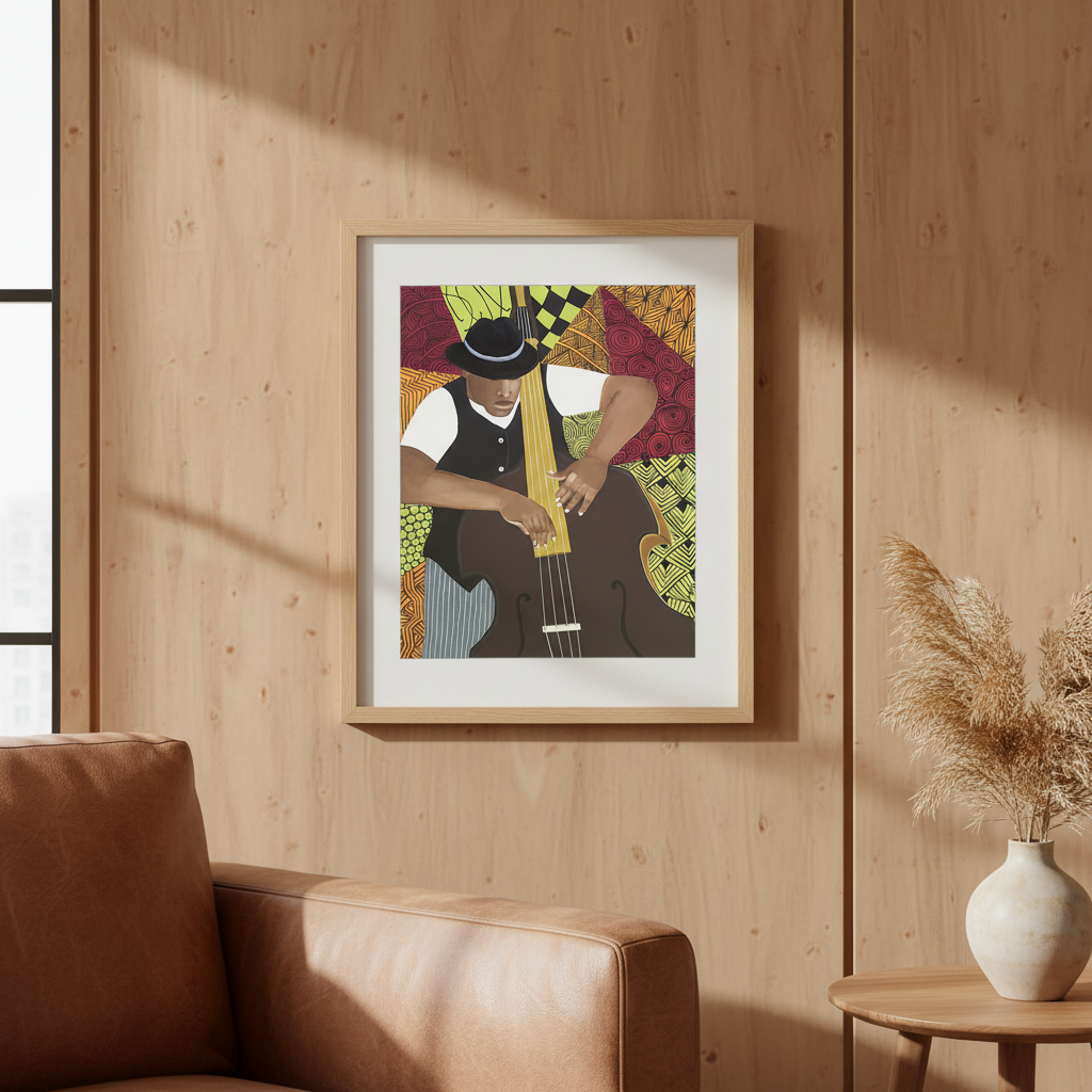 Tangle Bass framed giclee print in natural frame, contemporary styling — Black jazz bassist art