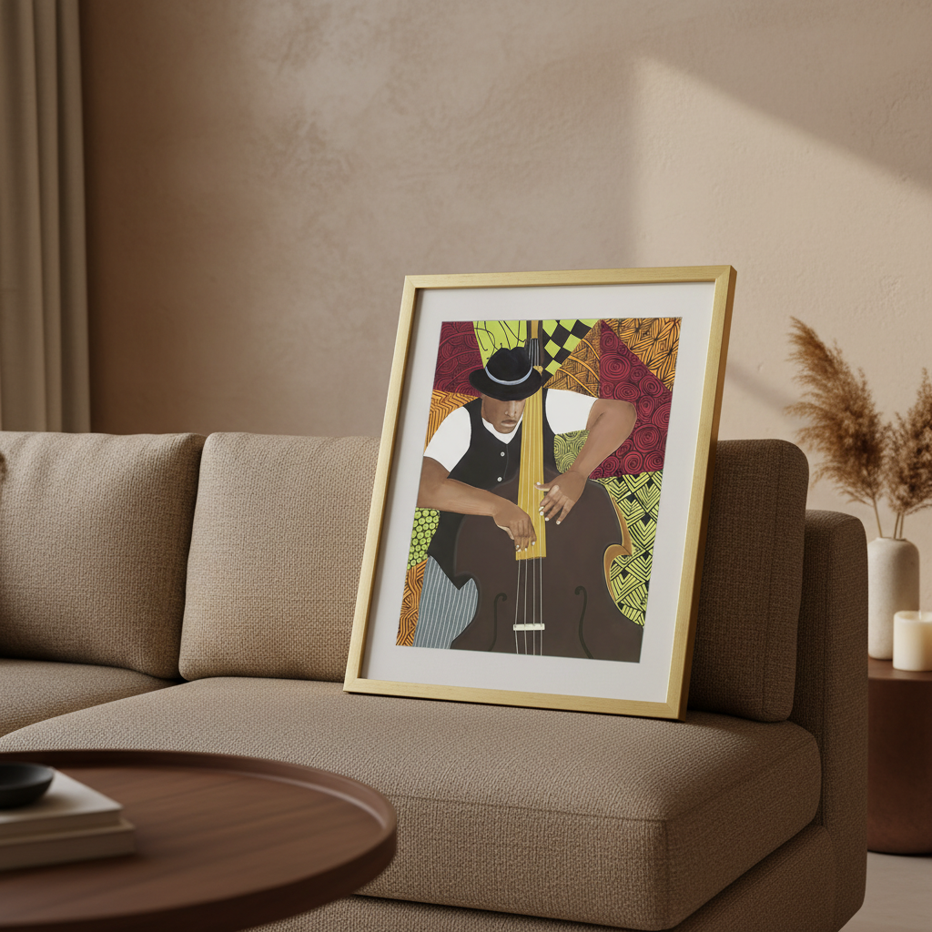 Tangle Bass framed giclee print leaning against a sofa, contemporary styling — Black jazz bassist art