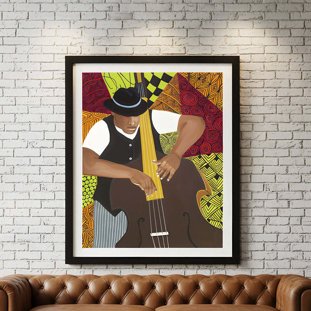 Living room with a brown leather sofa, wooden coffee table, and framed artwork on a white brick wall.