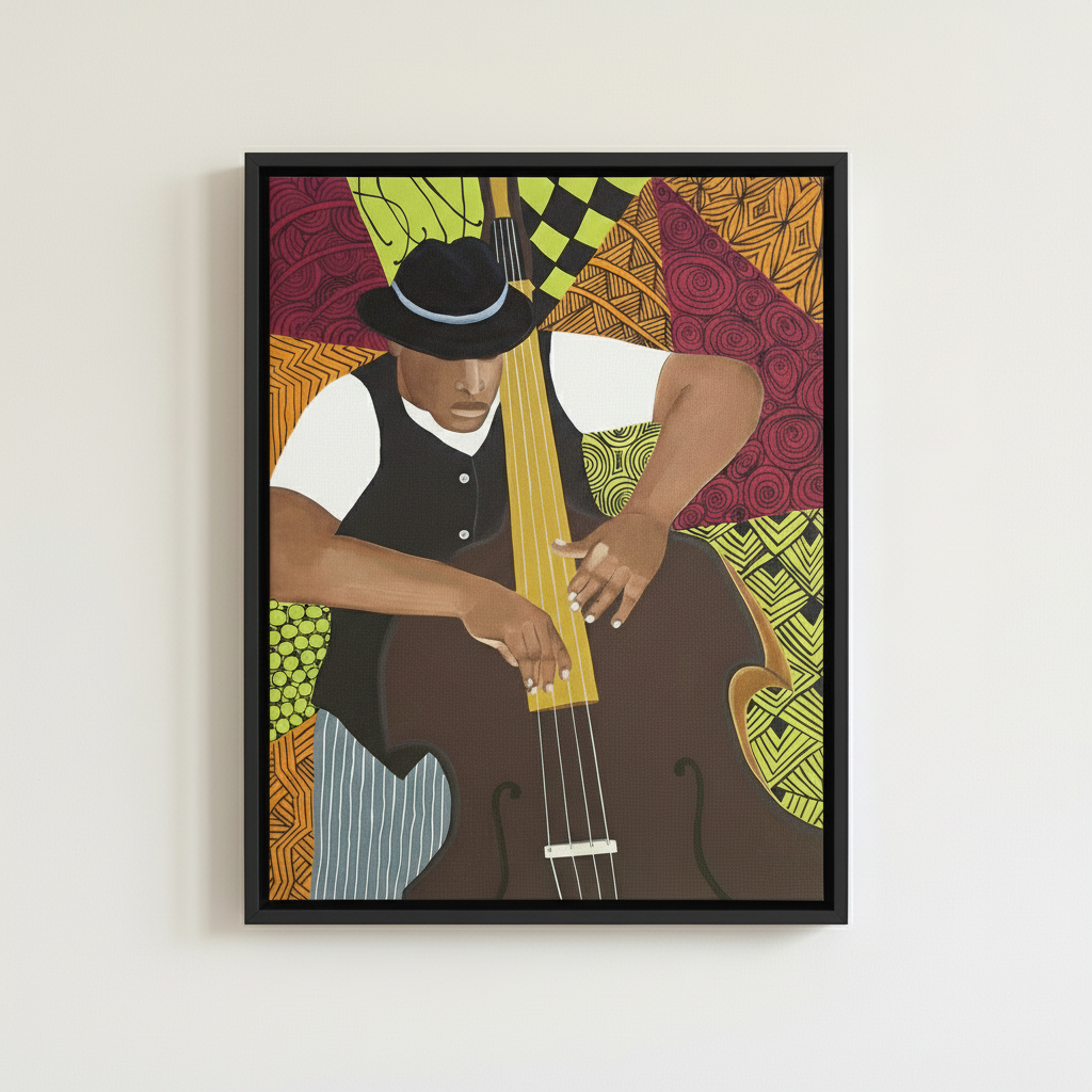 Black Bass Player Framed Canvas Wall Art | American Music Decor