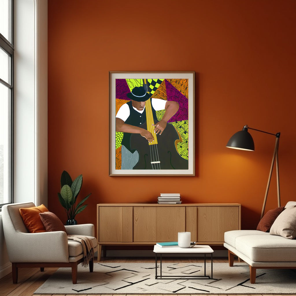 Living room with a colorful abstract painting of a person playing the Bass on an orange wall.