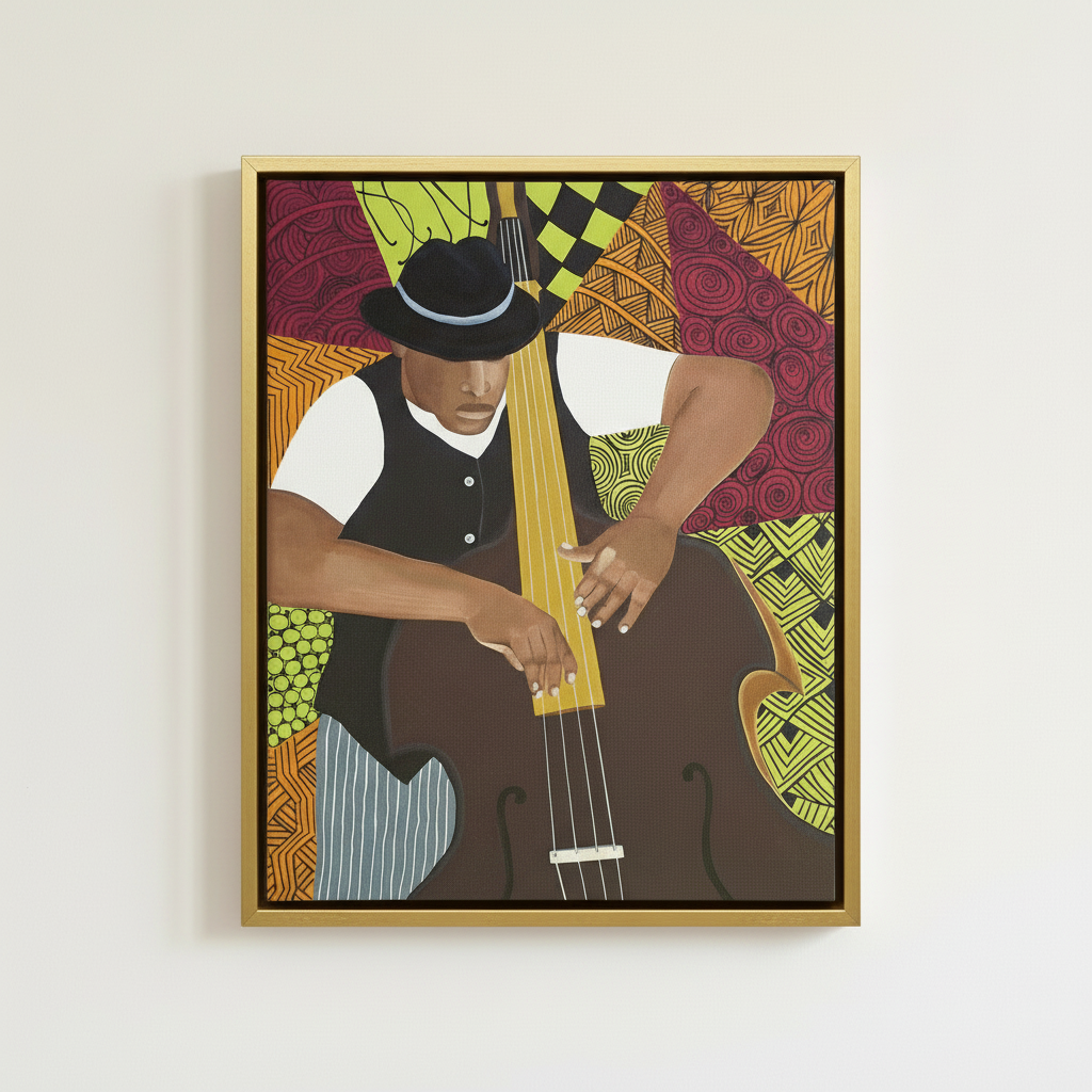 Black Bass Player Framed Canvas Wall Art | American Music Decor