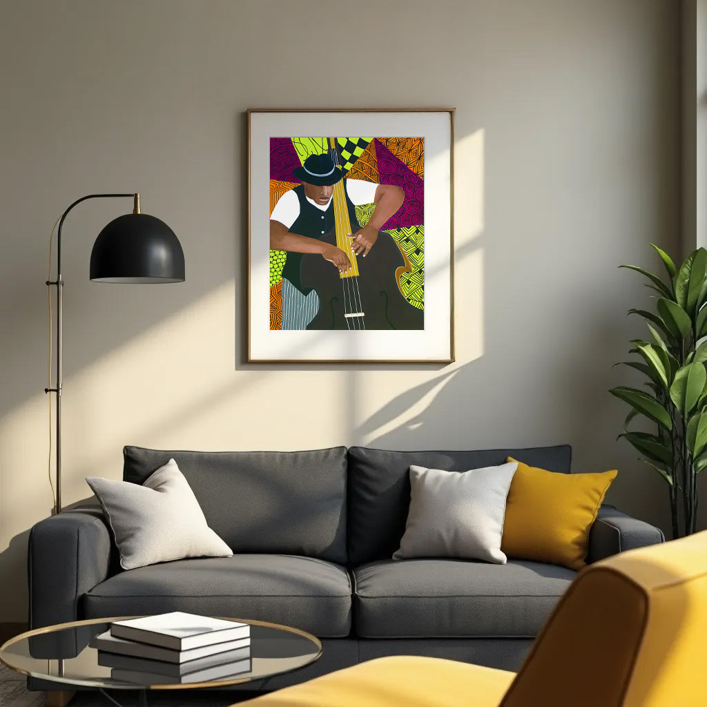 Tangle Bass giclee print in a living room with gray sofa — abstract jazz bass player art