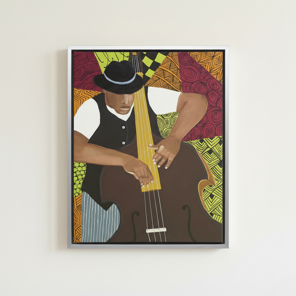 Black Bass Player Framed Canvas Wall Art | American Music Decor