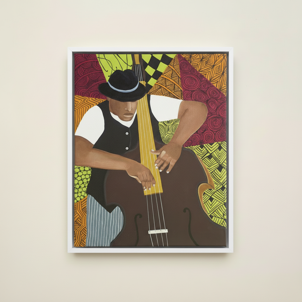 Black Bass Player Framed Canvas Wall Art | American Music Decor