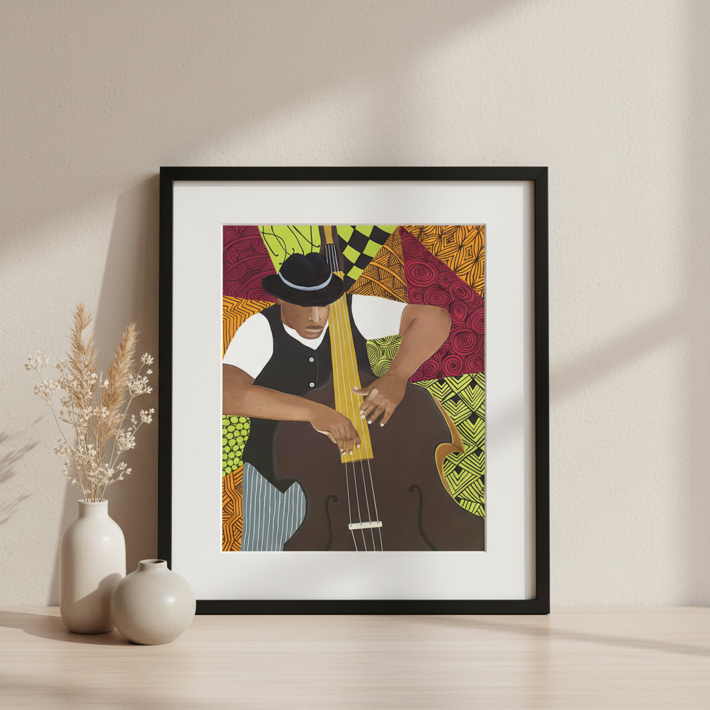 Tangle Bass giclee print — abstract jazz bass player art in minimal tabletop display, black frame