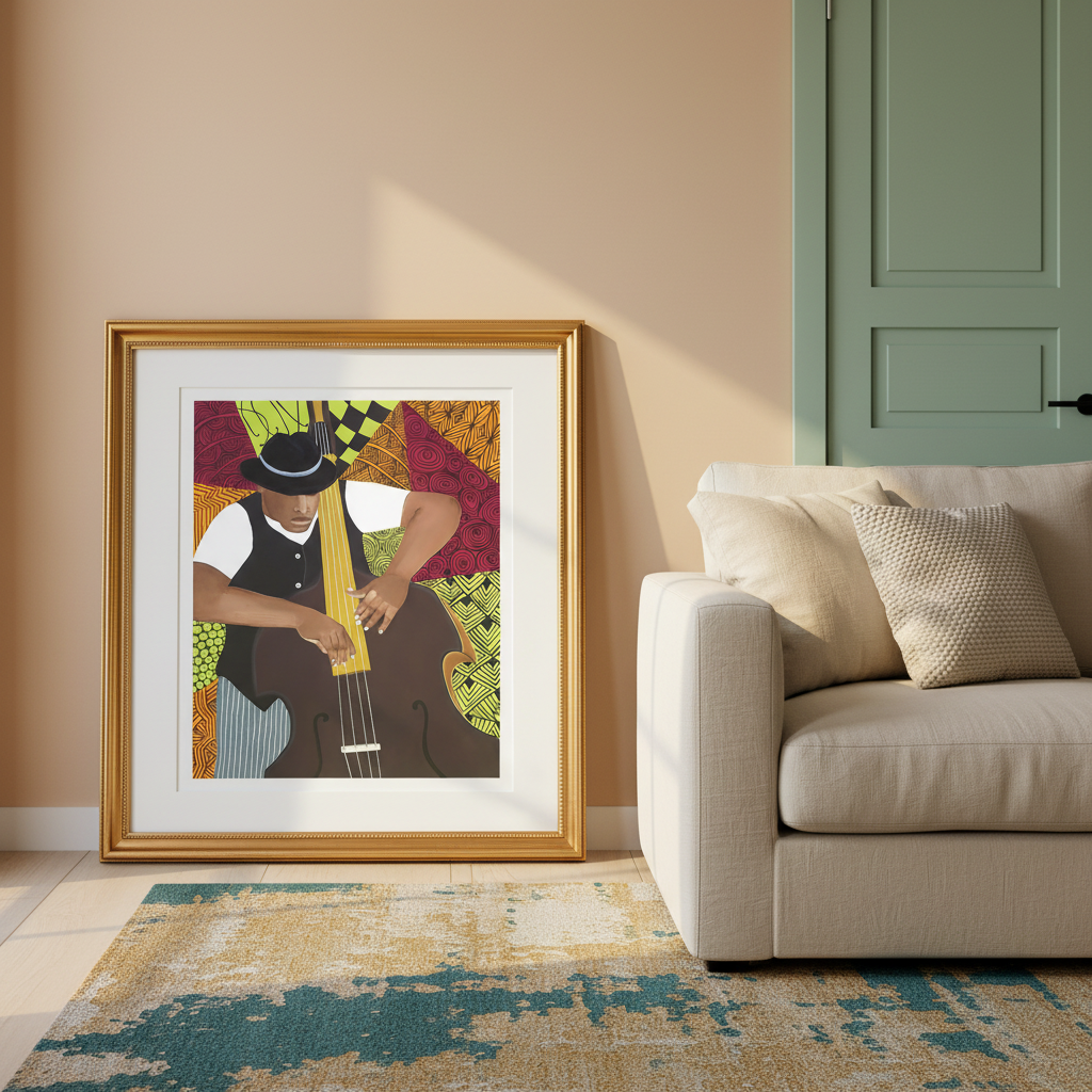 Tangle Bass giclee print — abstract jazz bass player art in a pastel-toned corner, gold frame