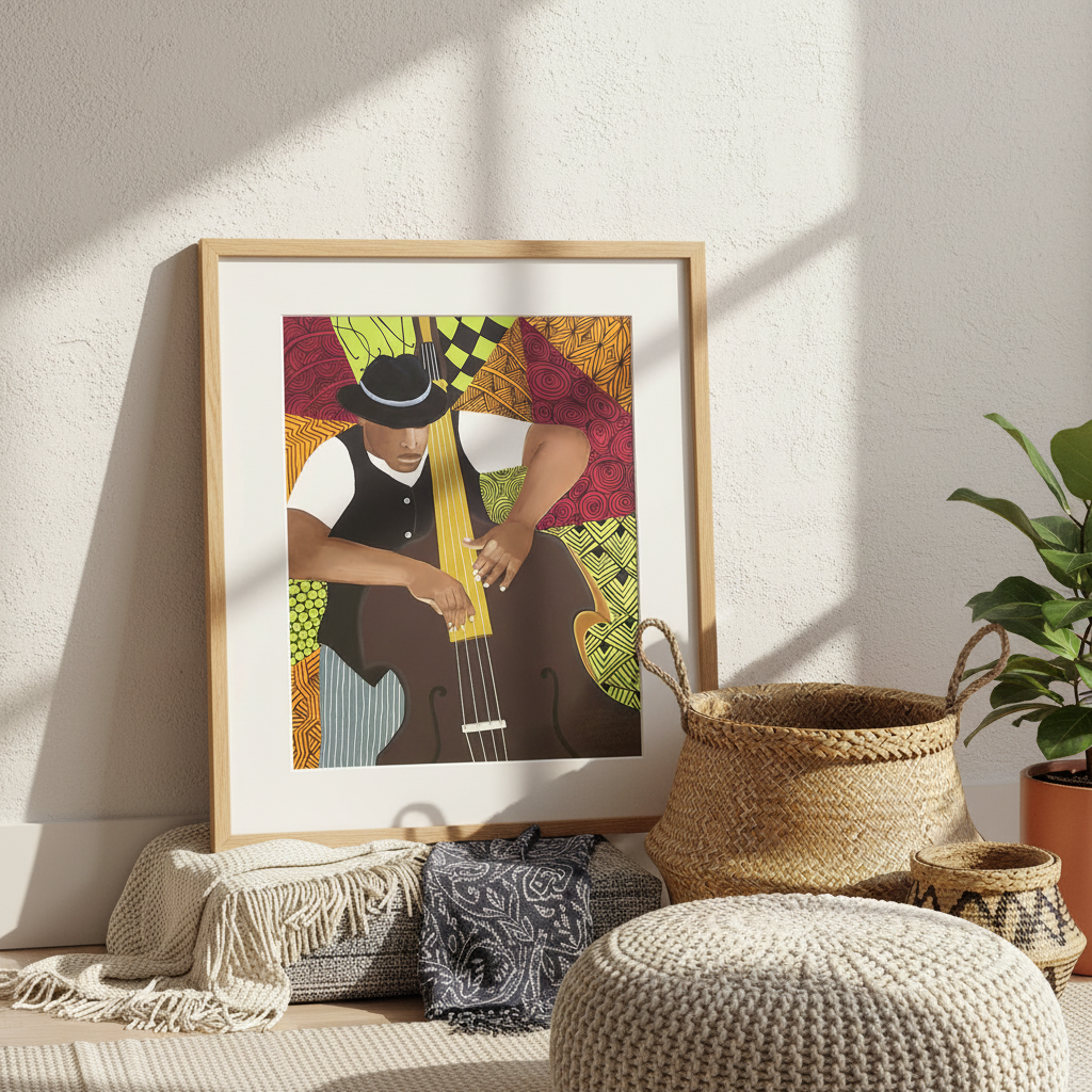 Tangle Bass giclee print — abstract jazz bass player art in a sunlit boho nook, natural frame
