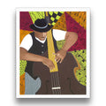 Illustration of a black man playing a double bass with a colorful abstract background